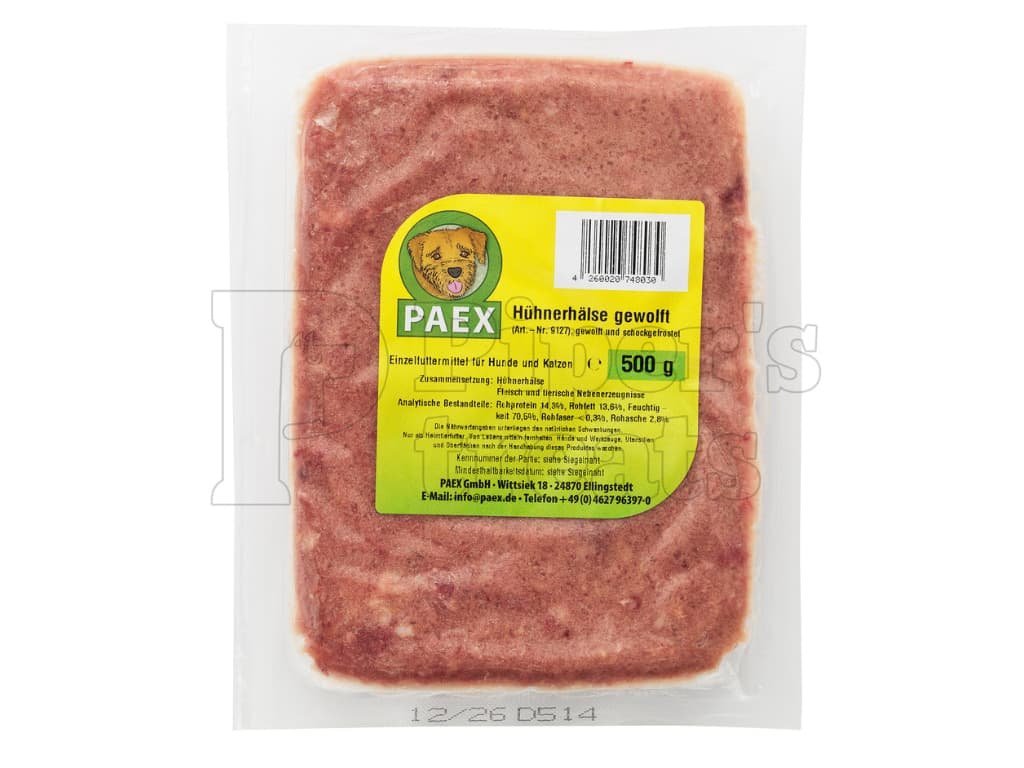 Paex mleté kuracie krky, 500 g – mrazený mletý produkt z kuracích krkov pre psov, bohatý na vápnik a chrupavky