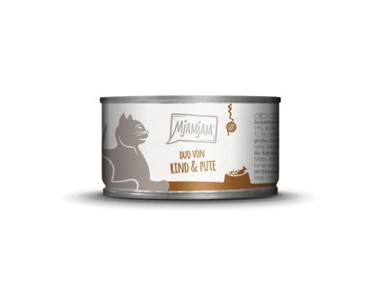 Konzerva pre mačky MjAMjAM DUO – kombinácia hovädzieho a morčacieho mäsa s tekvicou