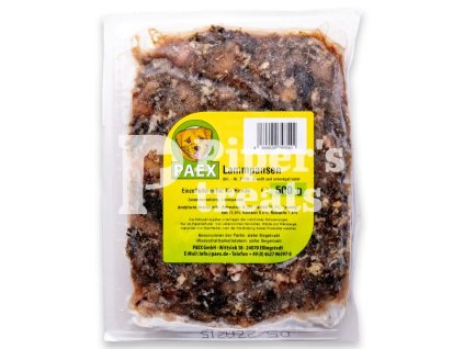 PAEX – Jahňacie držky mleté 500 g v čírom vákuovom balení so žltou etiketou, prírodné BARF krmivo pre psov a mačky bohaté na enzýmy a probiotiká.