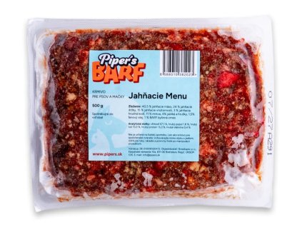 Piper’s BARF – Jahňacie Menu, 500 g, mrazené kompletné BARF krmivo z jahňacieho mäsa, vnútorností, kostí a zeleniny pre psov a mačky