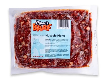 Piper’s BARF – Husacie Menu, 500 g, mrazené kompletné BARF krmivo z husacieho mäsa, vnútorností, kostí a zeleniny pre psov a mačky