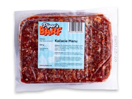 Piper’s BARF – Kačacie Menu, 500 g, mrazené kompletné BARF krmivo z kačacieho mäsa, vnútorností, kostí a zeleniny pre psov a mačky