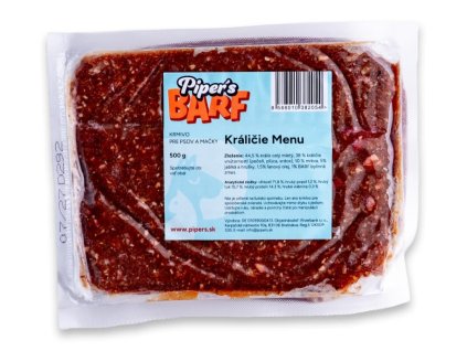 Piper’s BARF – Králičie Menu, 500 g, mrazené kompletné BARF krmivo z králičieho mäsa, vnútorností, kostí a zeleniny pre psov a mačky