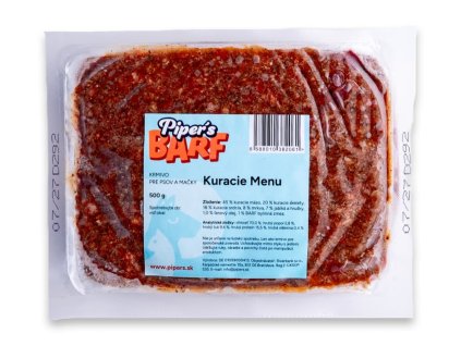 Piper’s BARF – Kuracie Menu, 500 g, mrazené kompletné BARF krmivo z kuracieho mäsa, vnútorností, kostí a zeleniny pre psov a mačky