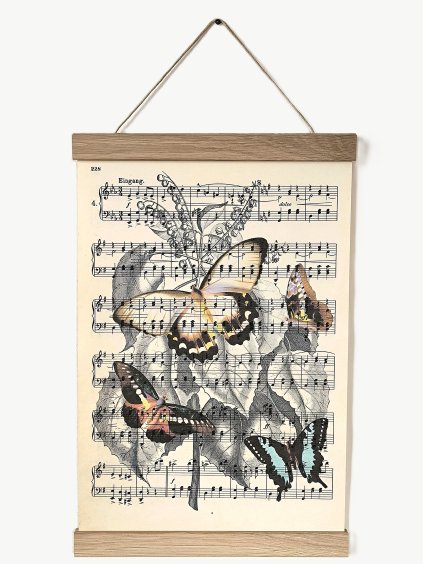 Tisk na starém notovém papíře MOTÝLI