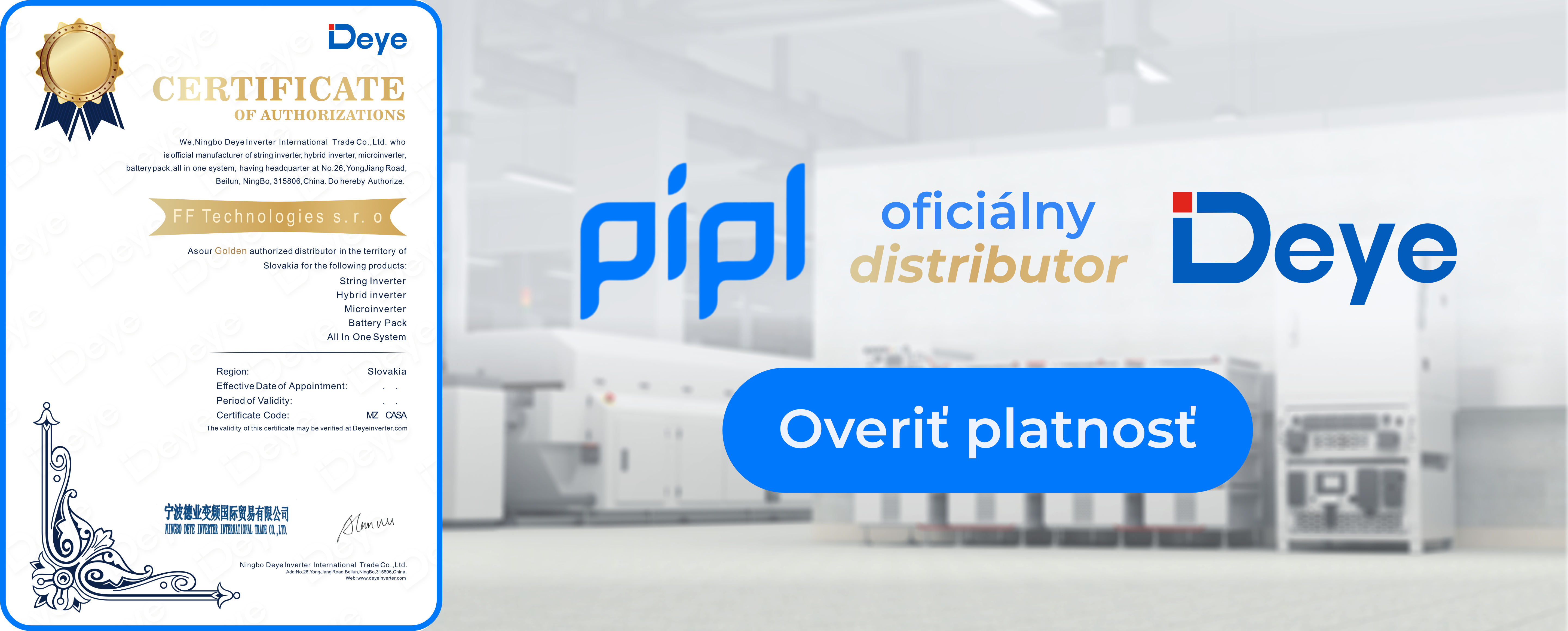Certifikát oficiálneho distribútora Deye na Slovensku – FF Technologies (Pipl.sk)