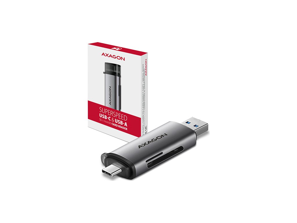 AXAGON CRE-SAC, USB3.2 Gen 1 Type-C + Type-A externí čtečka karet SD/microSD, podpora UHS-I