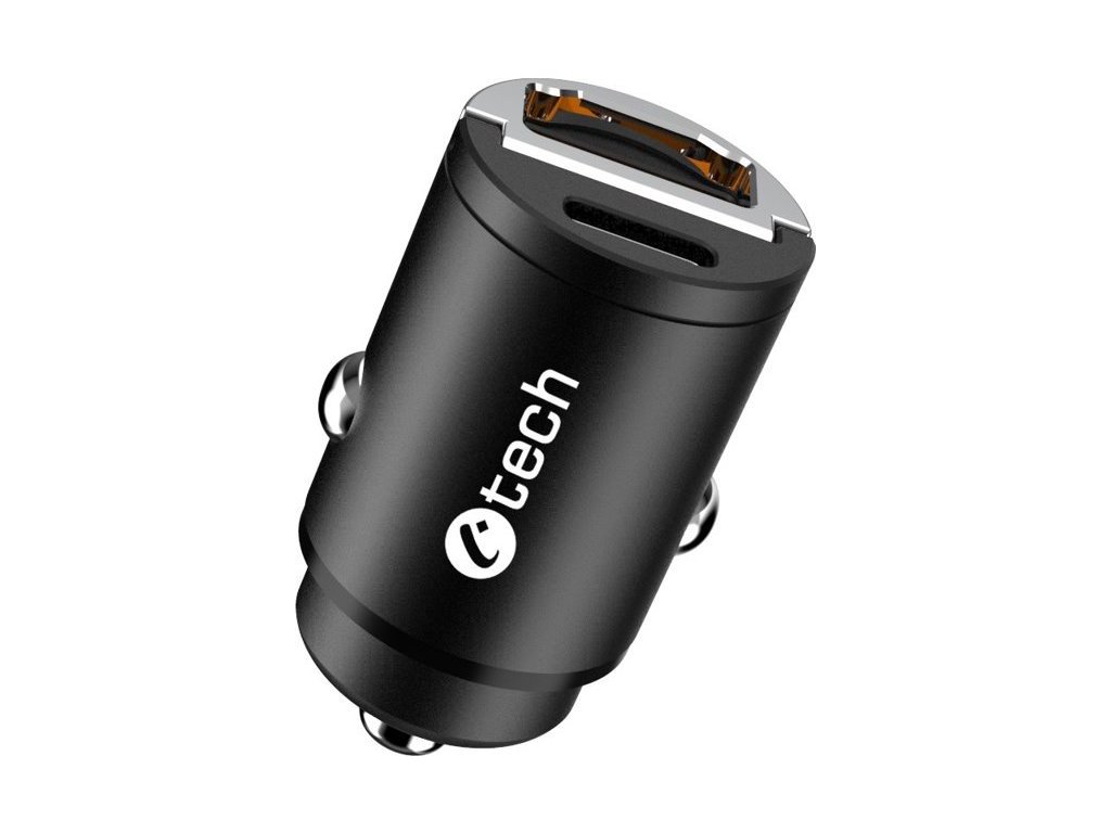 Nabíječka USB do auta C-TECH UCC-02, 1x Type C + 1 x Type A,  30W, Power delivery 3.0, Quick Charge