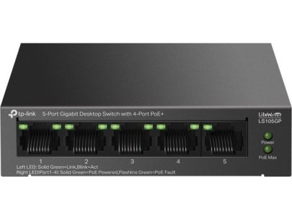 TP-Link LS105GP Switch 1x GLAN, 4x GLAN s PoE+, 65W