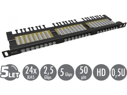 19" patch panel Solarix 24xRJ45 CAT6 UTP s vyvazovací lištou černý 0,5U SX24HD-6-UTP-BK