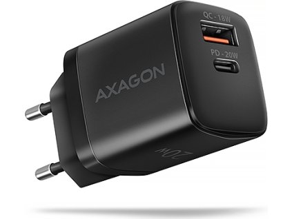 AXAGON ACU-PQ20, nabíječka do sítě 20W, 2x port (USB-A + USB-C), PD3.0/PPS/QC4+/AFC/Apple, černá