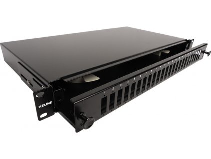 Keline optický patch panel pre 24 x SC-SC Duplex alebo LC-LC Quad adaptérov, výsuvný s odnímateľným čelom