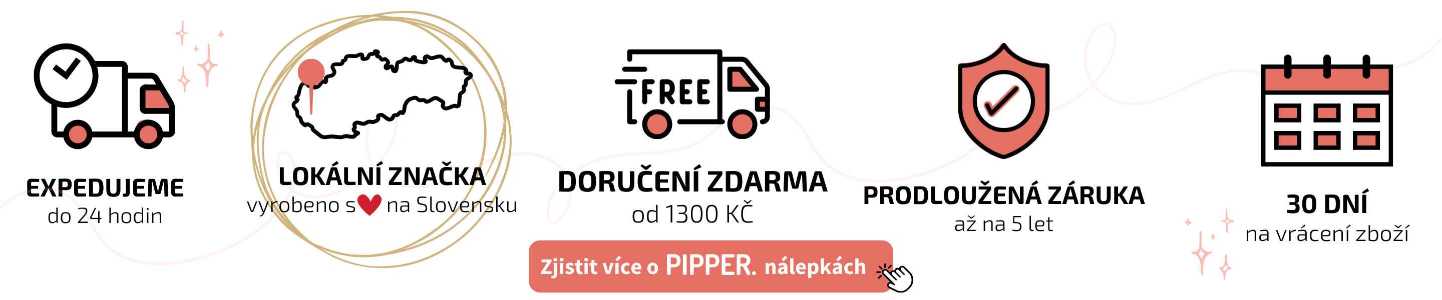 Konkurenční výhody e-shopu PIPPER. Odesíláme do 24 hodin. Lokální značka, vyrobeno s láskou na Slovensku. Doručení zdarma od 1300 Kč. Více než 50000 spokojených zákazníků. 30 dní na vrácení zboží. Prodloužená záruka až na 5 let.