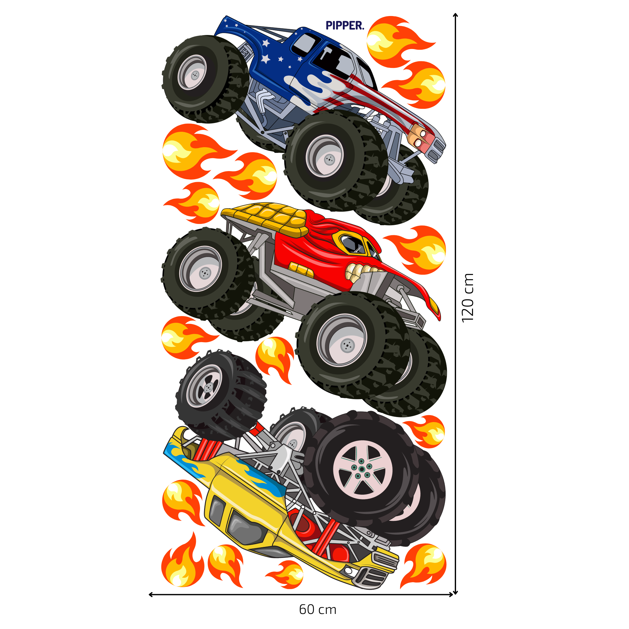 Monster Trucks – rozložení 3 aut a 14 plamenů na archu 60 × 120 cm