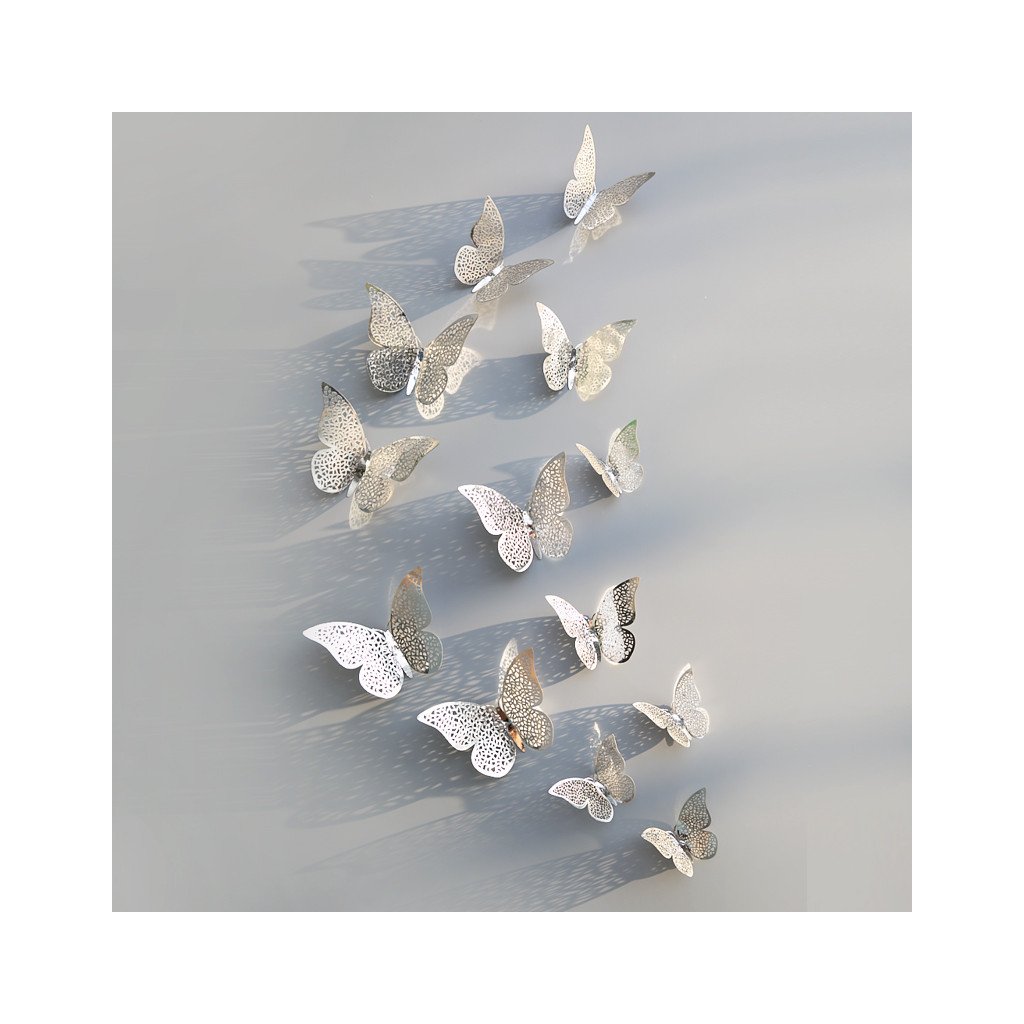 Samolepka na zeď "Metalické Motýli - Stříbrné" 12 ks 8-12 cm
