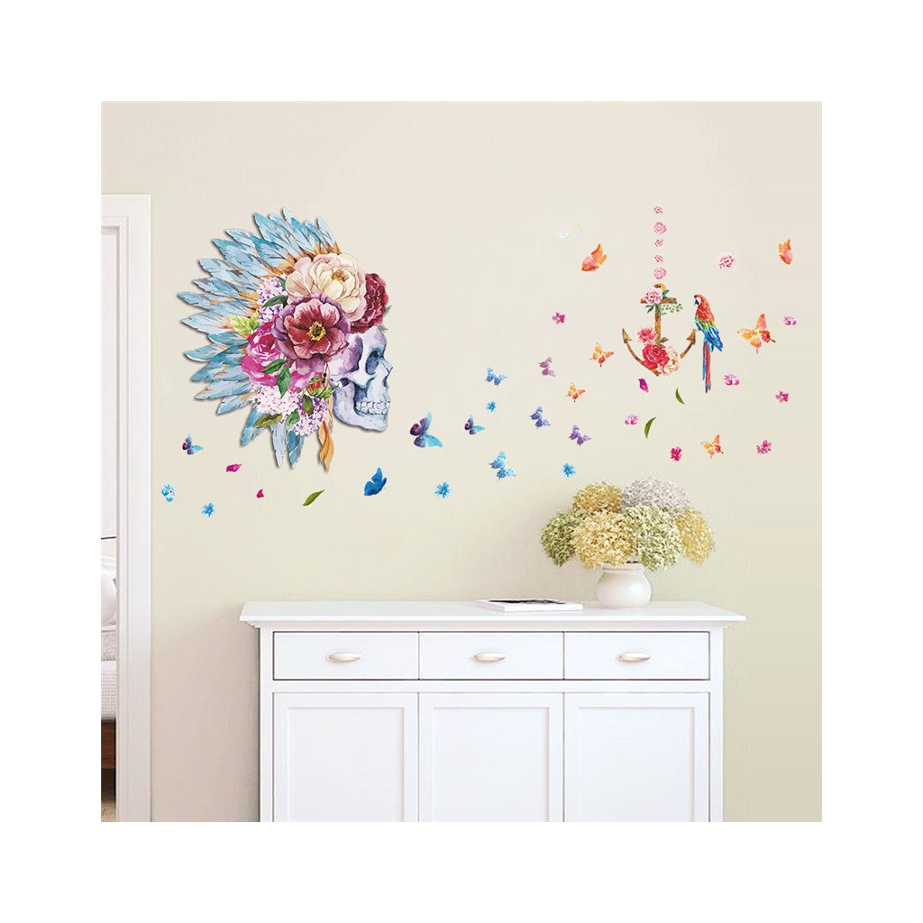 samolepiaca tapeta dekoracna samolepka na stenu nalepka farebna lebka s kvetmi interierovy dizajn dekoracia nahlad balenia stylovydomov