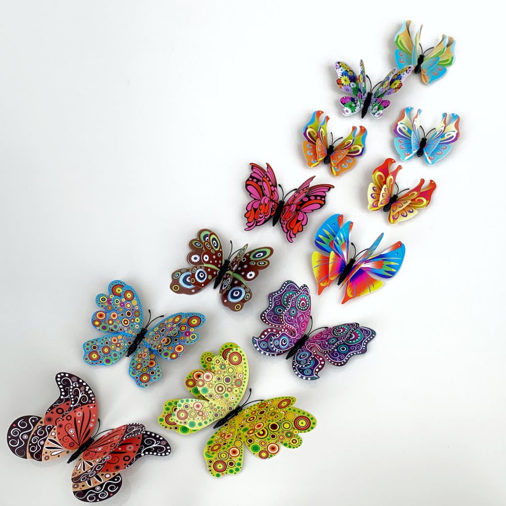 Samolepka na zeď "Realistické plastové 3D Motýli s dvojitými křídly - Barevné" 12ks 6-12 cm