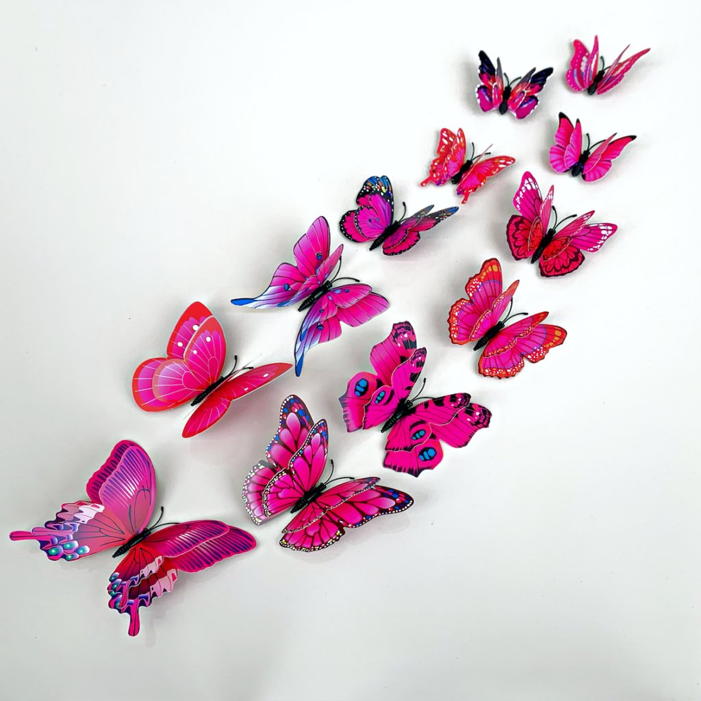 Samolepka na zeď "Realistické plastové 3D Motýli s dvojitými křídly - Růžové" 12ks 6-12 cm