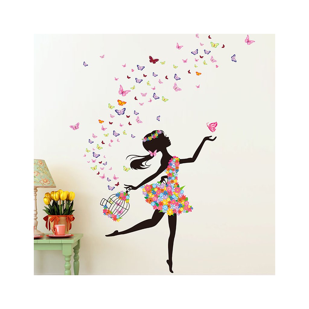 Samolepka na zeď "Dívka s motýly s klecí" 130x170 cm