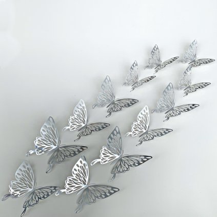 Samolepka na zeď "Metalické Motýli - Stříbrné 3" 12 ks 8x12 cm