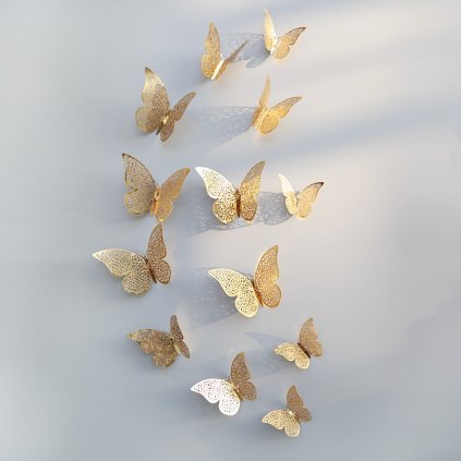 Samolepka na zeď "Metalické Motýli - Zlaté" 12 ks 8-12 cm