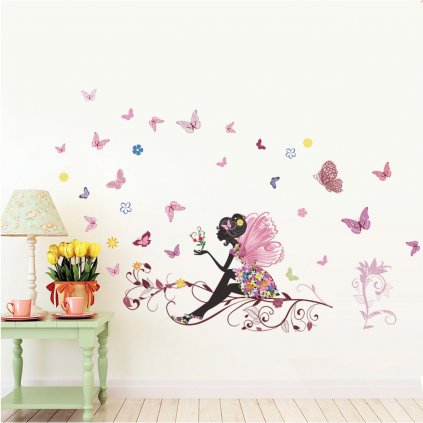 Samolepka na zeď "Dívka s křídly a motýly" 120x80 cm