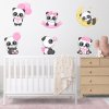 Samolepka na zeď pro dívku, šest pandích postaviček s růžovými dekoracemi