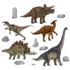 Detail samolepky s dinosaury: brachiosaurus, t-rex, stegosaurus, skály