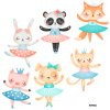 Detail samolepky na zeď: panda, liška, prasátko, pejsek, kočka, zajíček v baletních šatech
