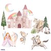 Detail samolepky pohádková země: rytíř na koni, princezna s jednorožcem, hrad, roztomilý dráček