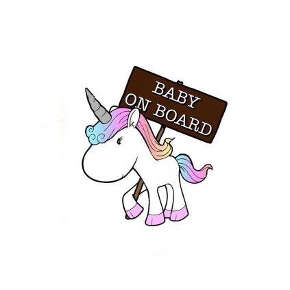 samolepka na auto detska nalepka unicorn jednorozec baby on board dieta na palube dieta v aute farebna nahlad stylovydomov