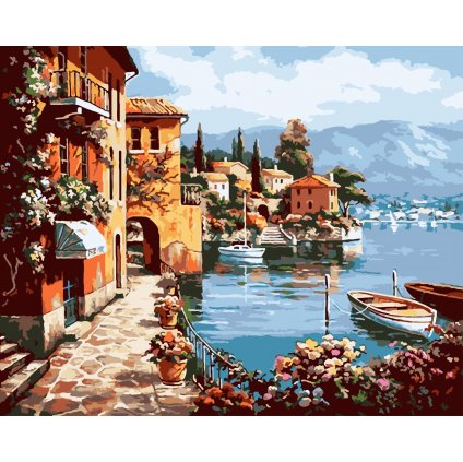 Festés számok szerint kép kerettel "Házak a tó partján" 40x50 cm