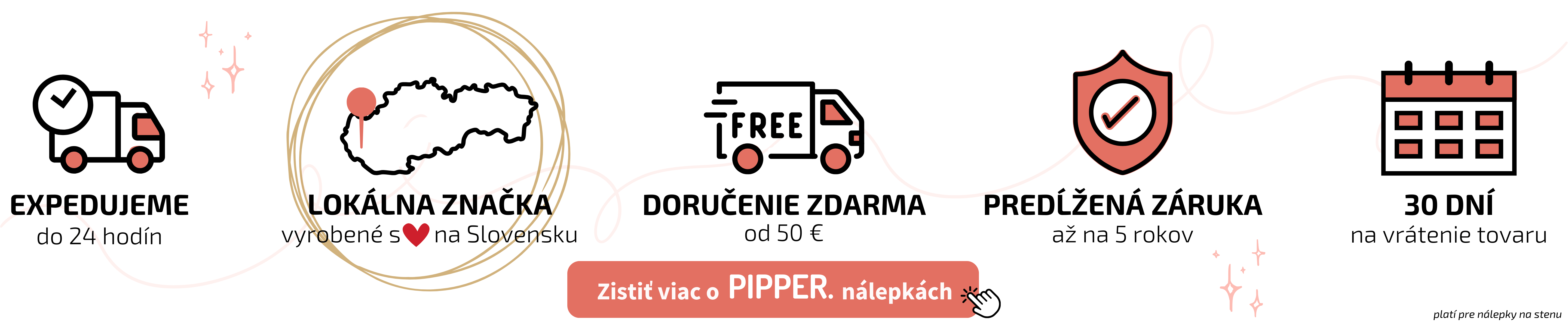Konkurenčné výhody e-shopu PIPPER. Tovar odosielame do 24 hodín. Viac ako 1000 produktov skladom. Doručenie zdarma od 50€. Viac ako 50 000 spokojných zákazníkov. 30 dní na vrátenie tovaru.