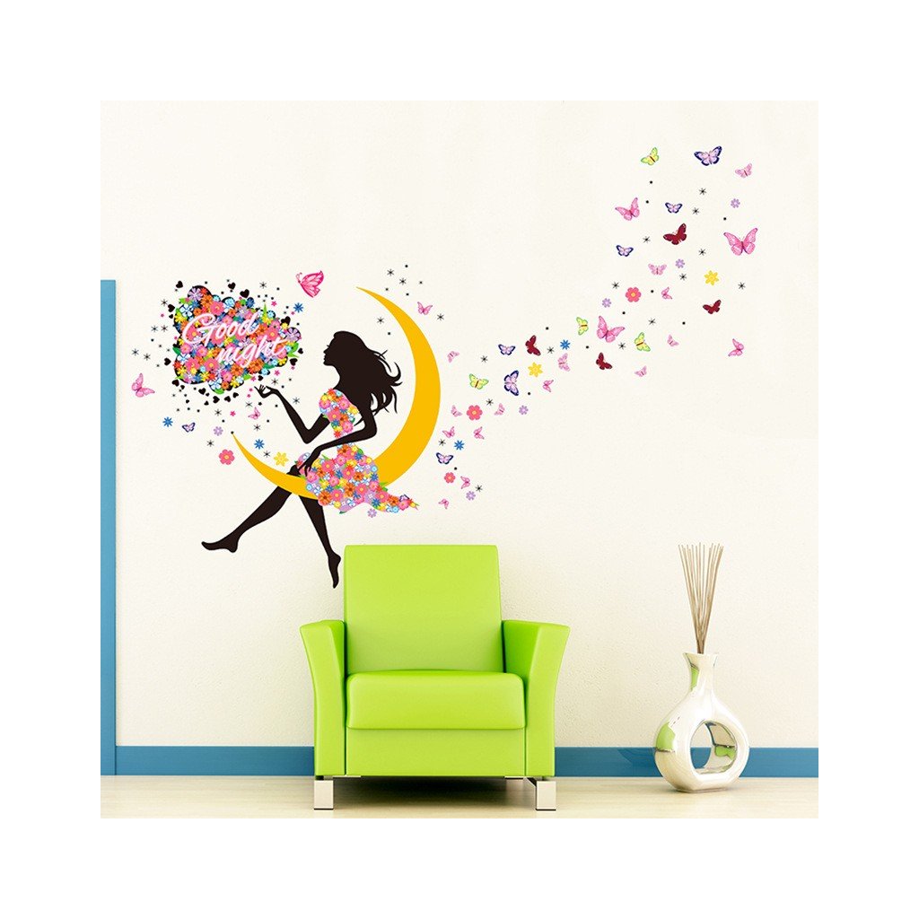 Samolepka na stenu "Sediace dievča na mesiaci" 140x100 cm