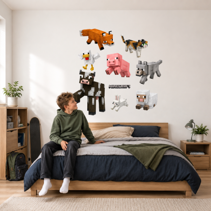 Minecraft zvieratá - textilná nálepka na stenu  Hárok 60×120cm • 9 samostatných nálepiek