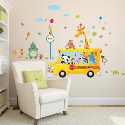 samolepka na stenu pre deti detska nalepka dekoracia autobus so zvieratkami vizualizacia stylovydomov