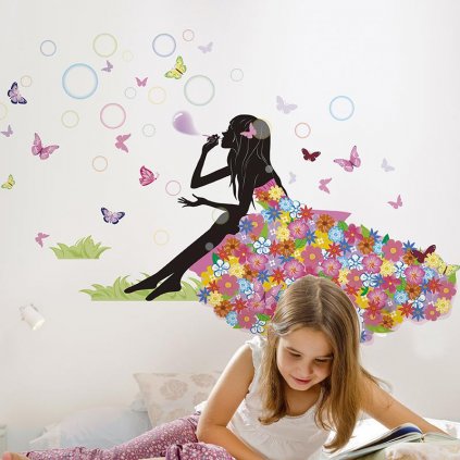 Samolepka na stenu "Sediace dievča s motýľmi" 132x88 cm