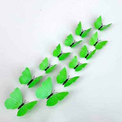 Samolepka na stenu "Plastové 3D Motýle - Zelené" 12ks 6-12 cm