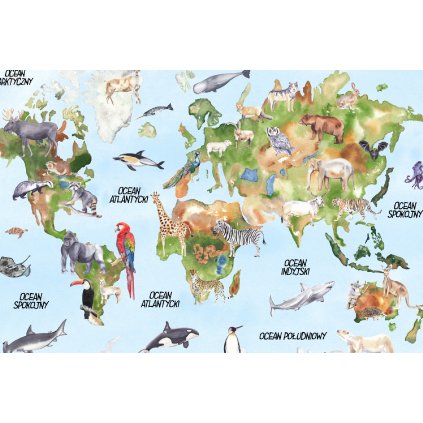 Fototapeta "Farebná mapa sveta so zvieratkami"