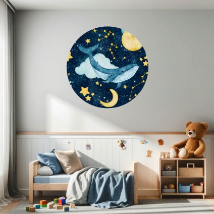 Kruhová samolepka na stenu "Veľryba na hviezdnej oblohe"