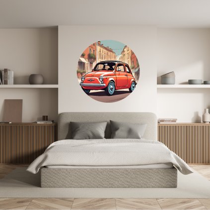 Veľká kruhová nálepka na stenu v spálni nad posteľou, sýto oranžový Fiat 500