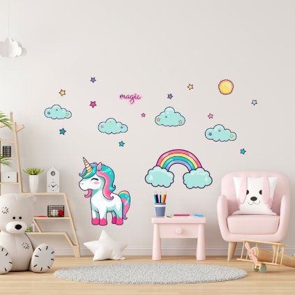 Jednorožec s obláčikmi - textilná nálepka na stenu  Hárok 60×70cm • 19 samostatných nálepiek