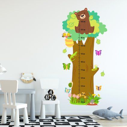 Detský meter - strom so zvieratkami - textilná nálepka na stenu  Hárok 60×125cm • 8 samostatných nálepiek