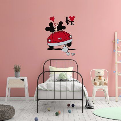Mickey a Minnie v aute - textilná nálepka na stenu