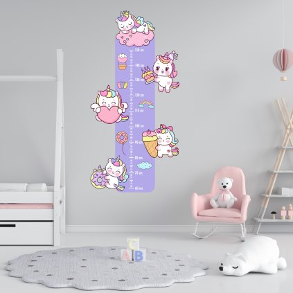 Nálepka na stenu detský meter s jednorožcami v sýtych ružových a fialových farbých