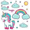 Jednorožec s obláčikmi - textilná nálepka na stenu  Hárok 60×70cm • 19 samostatných nálepiek