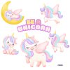 Detail nálepky, štyri menšie jednoržce, veľký jednorožec, nápis Be a unicorn