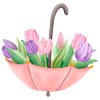 Detail nálepky, ružový dáždnik s tulipánmi v jemných farbách