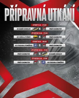 Takhle vypadá rozpis pirátských přípravných zápasů pro sezónu 2026/2027 🏒. Dvakrát se střetneme s @hcsokolov a @hcstadion...