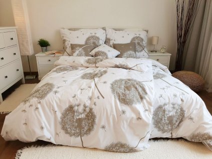 Krepové povlečení Pampelišky bílo-béžové 200x200 + 2x 70x90